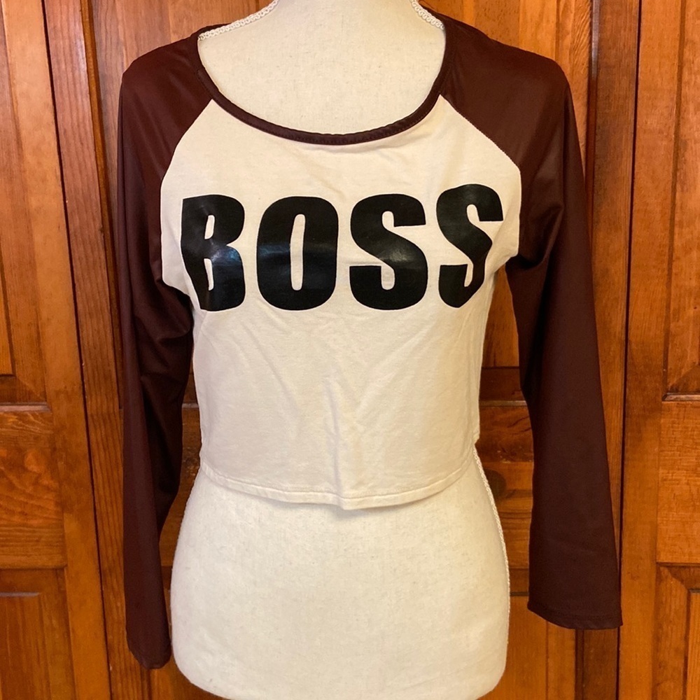 Blush Graphic BOSS Crop Top Long-sleeve Mixed Media Cotton/Spandex Used Size M